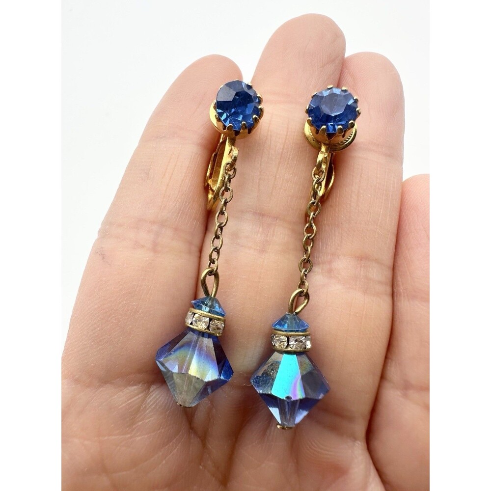Vintage Blue AB Crystal Bead & Rhinestone Gold Tone Dangle Earrings
